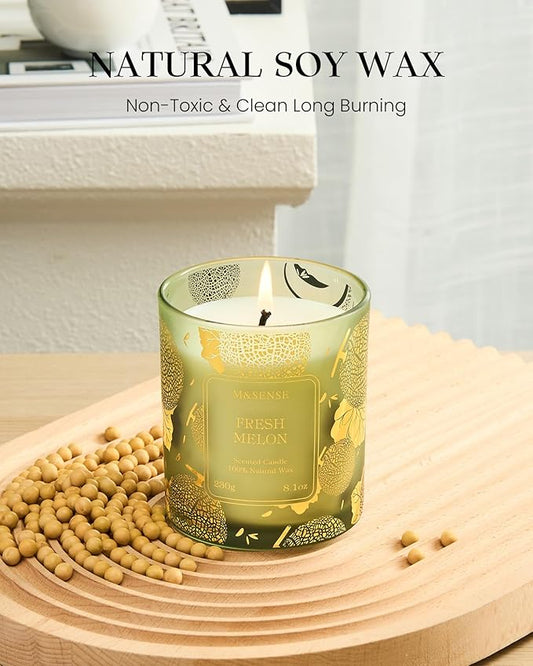 M&SENSE Naturally Scented Vegan Soy Candles, Fresh Melon Scented Candles, 8.1oz Long Burning 42-Hour Burn Time,Home Fragrance for Air Purifying, Relaxing, Gift Ideas for Moms & Dads