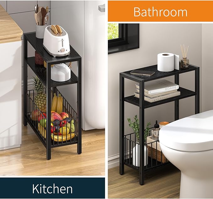 Yoobure Narrow Side Table with Storage Basket, Small End Table for Small Spaces, Skinny Side Tables Living Room Bedroom Office, Slim Nightstand 3 Tier Bedside Table Space-Saving for Magazine, Black