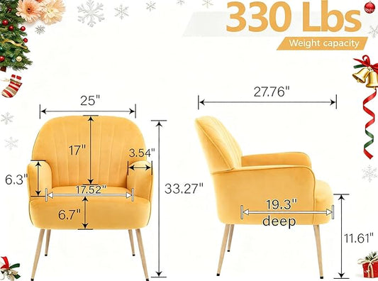 Velvet Accent Chair, Modern Upholstered Single Sofa Side Living Room Chair, Comfy Barrel Reading Armchair with Metal Legs for Bedroom, Waiting Room, Office and Cafe, Yellow