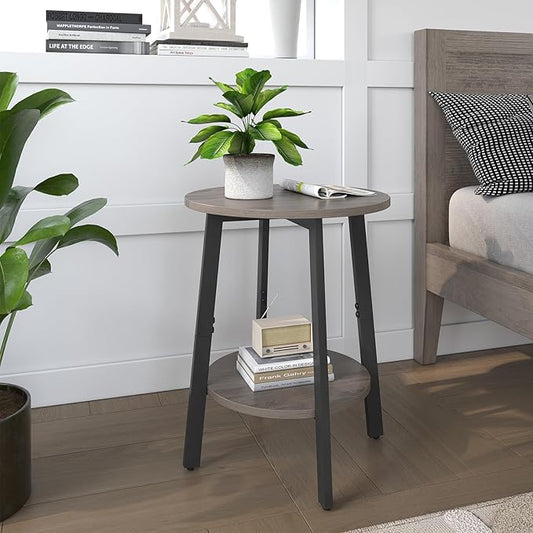 Side Table Set of 2, Small Round End Table with Storage Shelf for Small Space, 2-Tier Bedside Table Sofa Couch Table, Nighstands Set of 2 Accent Table for Living Room, Bedroom, Grey
