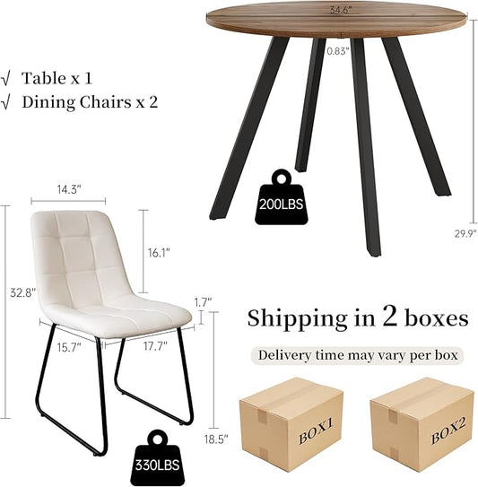 34.6'' Dining Table and Chairs for 2, Mid Century Modern Round Table Set, Space Saving for Apartment Kitchen Dining Room (Walnut Table+2 U-Shaped White Chairs)
