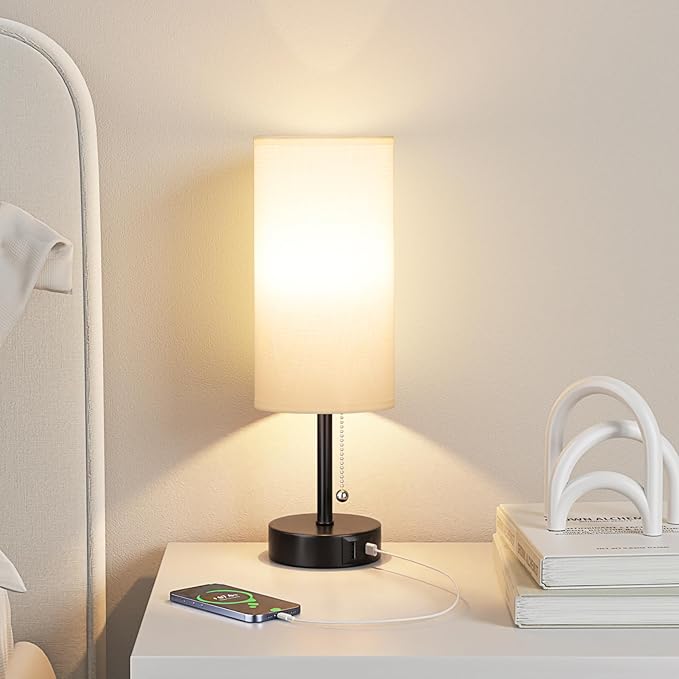 White Bedside Lamps for Bedroom Set of 2 - Nightstand Table Lamp with USB A + C Charging Port, 3 Color Temperatures Pull Chain Night Stand Light, Side Table Desk Reading Lamp for Living Room/Dorm