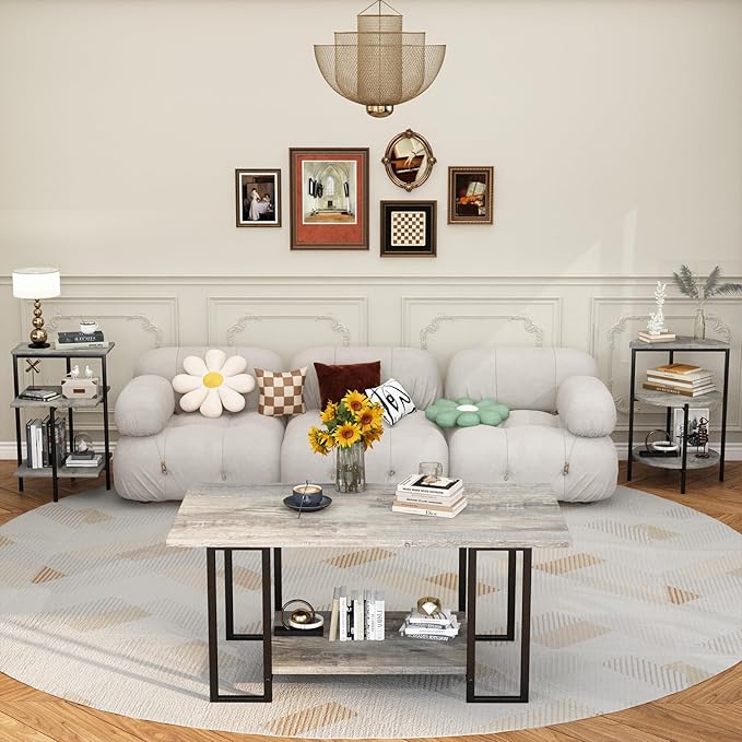 AWQM Faux Marble Table Set, Coffee Table & 2 Side Table, Faux Marble Tabletop and Metal Frame, 3 PieceTable Sets, for Living Room Apartment, Grey