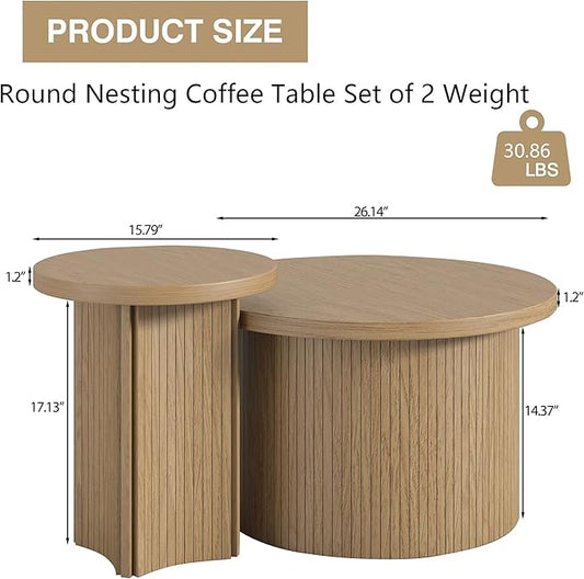 Set of 2 Nesting Coffee Tables Farmhouse,Round Coffee Table Living Room,Wood Finish Coffee Table Set, Small Coffee Tables, Sofa Side Living Room Bedroom Coffee Side Table (Large Size - Set)