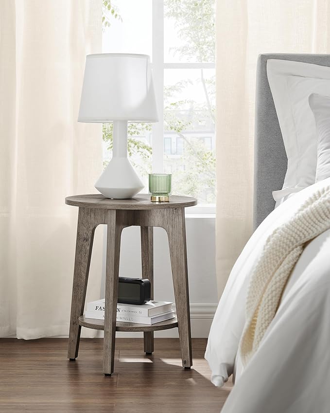 VASAGLE MAEZO Collection - Side Table, 2-Tier Small Round End Table, Nightstand with Tapered Legs, Curved Transitions, for Small Spaces, Living Room, Bedroom, Heather Greige ULET283T02