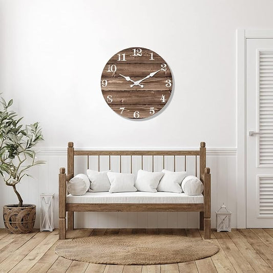 XFM Brown Wooden Wall Clock Battery Operated 14 Inch Rustic Farmhouse Clocks for Walls Silent Wall Clock for Office (No Solid Wood, it is with MDF Material)