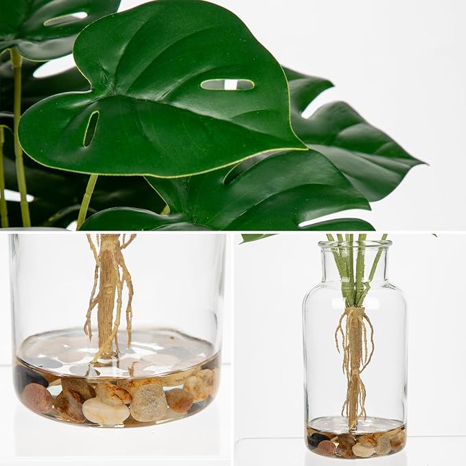 DILATATA Artificial Monstera Stems in Glass Vase with Faux Water and Real Stones 13" Fake Greenery Plant Monstera Leaves for Home Office Farmhouse Bathroom Bedroom Kitchen Table Centerpiece Decor
