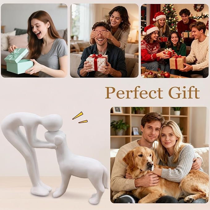 Dog Statues Home Decor Funny Man and Dog Sculpture Decorations for Home Bedroom Living Room Tabletop Bookshelf, Hand-Painted Resin Dogs Memorial Gifts Figurines for Pet Lovers, White