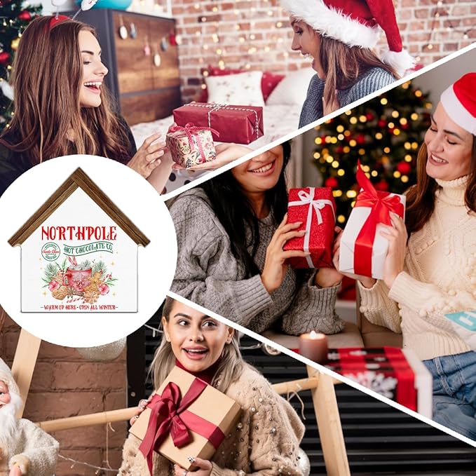 Christmas Hot Cocoa Bar Decor, North Pole Hot Chocolate Co House Shaped Wood Block Sign Xmas Holiday Decorations for Home Kitchen