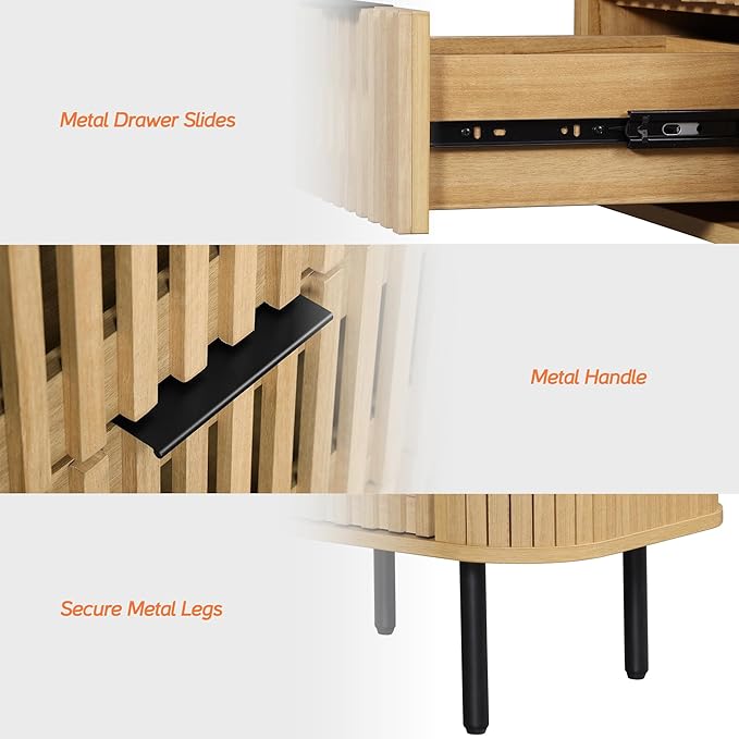 WAMPAT Fluted Nightstand, Modern Wooden End Table with 2 Drawer, Storage Bedside Table for Bedroom and Living Room, Oak