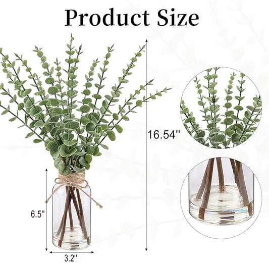 Artificial Eucalyptus Stems in Glass Vase with Faux Water,16.54" Fake Plants for Home Decor, Coffee Table Centerpieces, Office, Bathroom & Farmhouse Weddings - Faux Greenery Plants Decorations