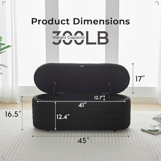 Storage Ottoman Bench End of Bed for Bedroom,45 inch Boucle Upholstered Entryway Shoe Seat Bench w/ Storage,Sherpa Modern Cute Padded Blanket Chest Stool Foot Rest for Living Room,Black