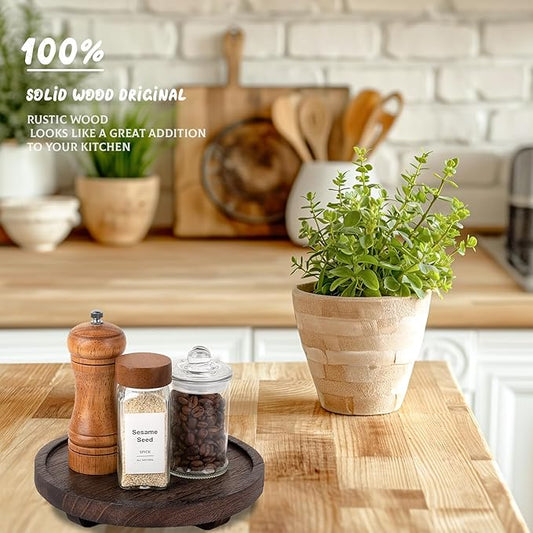 Round Decorative Tray Wood Bathroom Counter Organizer Farmhouse Kitchen Decor Wooden Riser for Soap Dish, Perfume, Candle, Sponge, 8" - Walnut