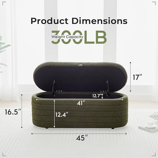 Storage Ottoman Bench End of Bed for Bedroom,45 inch Boucle Upholstered Entryway Shoe Seat Bench w/ Storage,Sherpa Modern Cute Padded Blanket Chest Stool Foot Rest for Living Room,Window Seating,Green