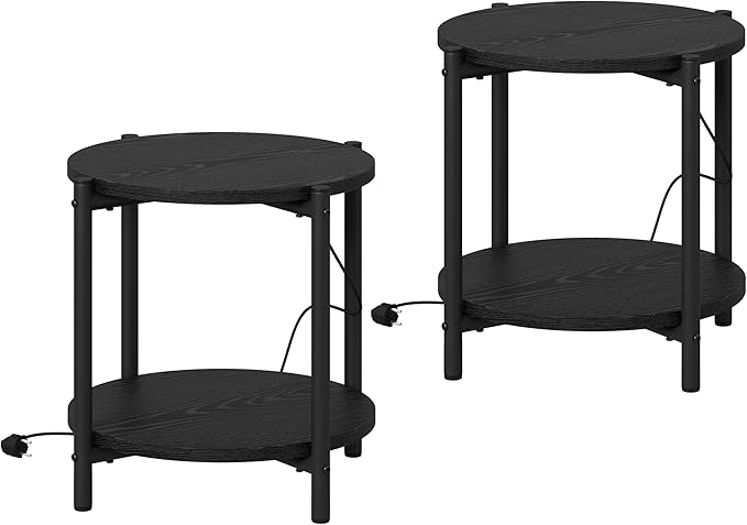 LIKIMIO Round End Tables, Set of 2, 16" W Small Round Side Tables with Charging Station, 2-Tier Modern Nightstands for Small Spaces, Living Room, Bedroom, Black