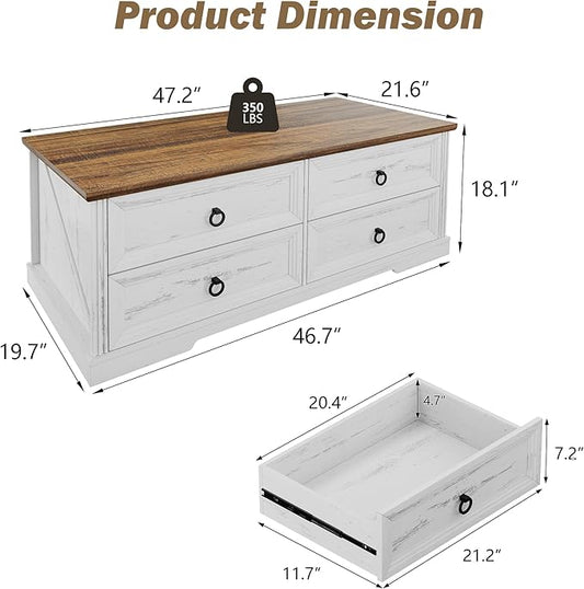 Farmhouse Coffee Table with Drawers 47 in Living Room Tables with Storage, Wooden Rustic Center Table for Reading Playing Room Home Accent Table for Dining Room Apartment, Antique White Walnut