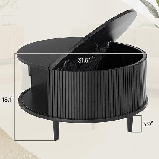Mid Century Round Coffee Table, Fluted Center Table with Sliding Door, Modern Dining Table with Storage for Home Living Room Office, 31.5", Black