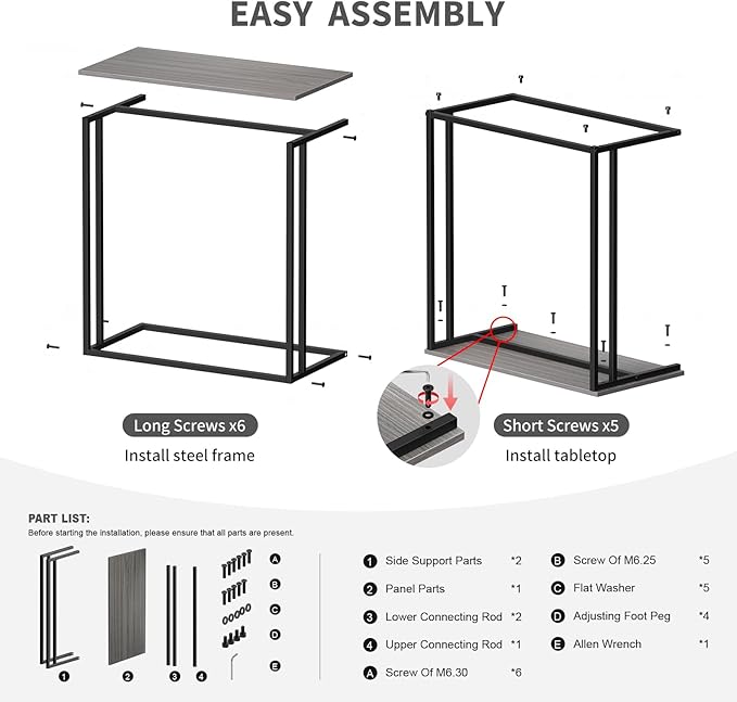C-Shaped Side Table, Modern End Table with Metal Frame, Space Saving Design for Living Room,Large Surface Couch Table for Bedroom, and Home Office,24 x 12 x 24 inches (Grey)