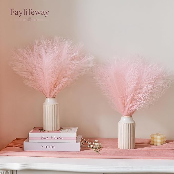 𝟱𝟬𝙥𝙘𝙨 Pampas Grass 𝟭𝟳in, Pink Artificial Dried Pampas Grass Decor for Living Room, Faux Pampas Grass Vase Filler Fluffy for Wedding Party Boho Decoration (𝗣𝗶𝗻𝗸)