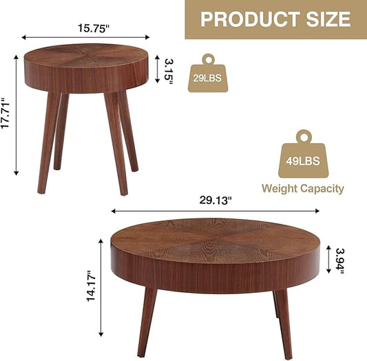 2 Pieces Round Wood Coffee Table Set, Modern Sofa End Table, Accent Side Table for Living Room (Walnut)