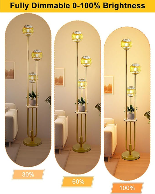 Lightdot Glass Floor Lamp with Shelf, 63IN Dimmable Mid Century Modern Gold Standing Lamps with 3 3000K Soft Warm White Bulbs Included, Globe Floor Lamp for Living Room/Wedding/Office