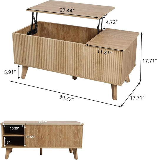 Wooden Fluted Lift Top Coffee Table with Hidden Compartment, Modern Rectangle Center Tables with Adjustable Storage Shelf, Lift Tabletop Dining Table for Home Living Room Office(Natural)