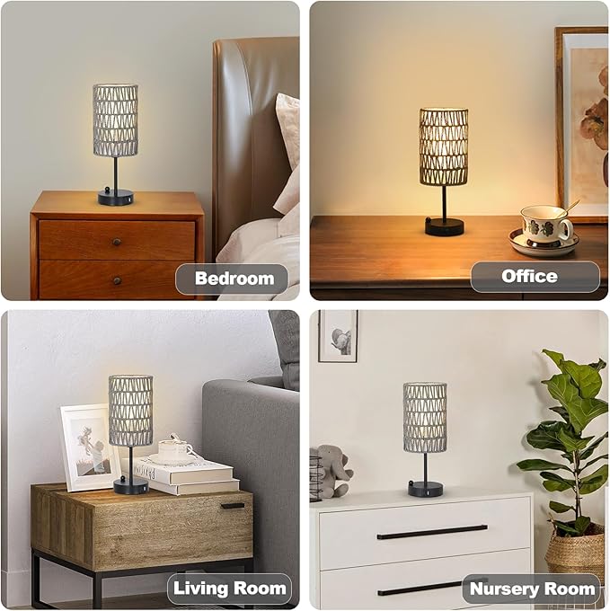 Gray Bedside Lamps Set of 2, Touch Control Night Stand Lamp for Bedroom with Rattan & Linen Shade & Bulbs, 3 Way Dimmable Small Boho Table Lamps with USB Charging Port & Phone Stand