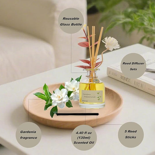 Gardenia Reed Diffuser 130ML - Floral Scented Oil for Home, Luxury Long-Lasting Fragrance in Decorative Glass Bottle with Aroma Diffuser Stick, Ideal for Living Room, Bedroom, Bathroom
