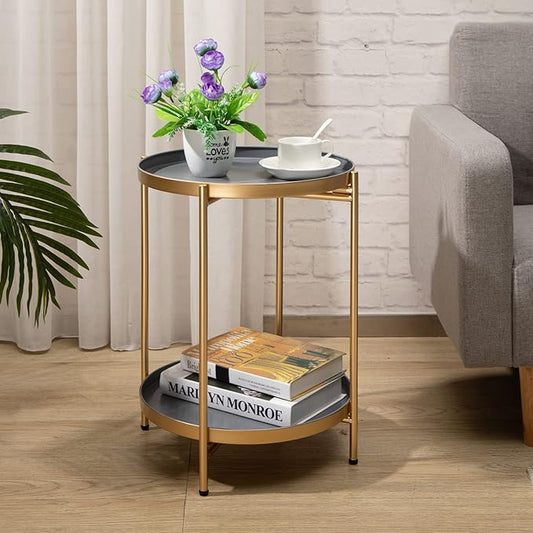 HollyHOME 2-Tier Round Gold Side Table, Outdoor Small Folding Accent Stand with Removable Tray, Anti-Rust Metal Asional Table for Balcony Patio Living Room, Nightstand for Bedroom(Gold&Grey)