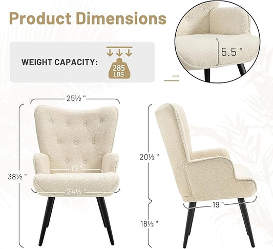 Furniliving Boucle Accent Chair for Living Room, Upholstered Reading Chair with High Backrest, Tufted-Button Wingback Armchair for Bedroom, Dressing Room, Home Office, Ivory White, Set of 2