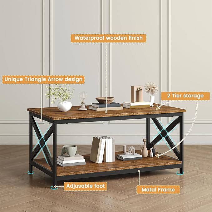 Bigbiglife Living Room Coffee Table Set of 3, Industrial X-Design Coffee Table and 2 End Side Tables, 3 Piece Living Room Table Set with Large Storage for Apartment Home (Dark Rustic Brown)