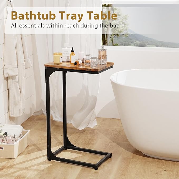 Narrow C Shaped End Tables Living Room TV Trays Set of 2, Small Thin Farmhouse Side Table Skinny Slide Under Couch Tray Tables for Sofa Bedroom Small Space 7 inch Width, Rustic Brown