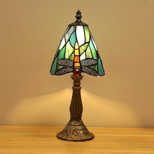 Tiffany Small Lamp Blue Dragonfly Stained Glass Bedside Nightstand Table Lamp,3-Way Color Temperature Handcrafted Lamps for Living Room Bedroom+ LED Bulb,Gifts for Home Decor,6X6X13Inch