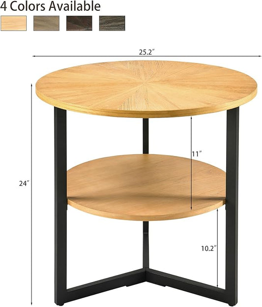 LEEMTORIG Round Side Table, Large End Table Nightstand with Metal Legs, Modern Bedside Table 2-Tier for Living Room, Bedroom, Office, Natural Wood Color/Black, 25.2 x 25.2 x 24 inches CJZ-1338-OA