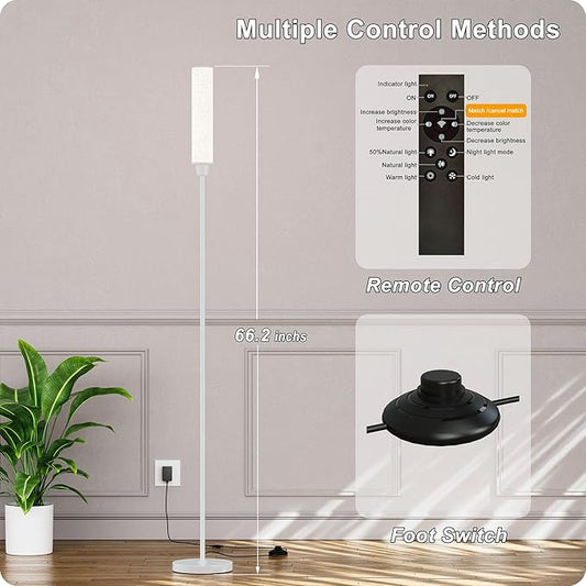 Floor Lamp with Remote Control, Floor Lamps for Living Room/Bedroom/Office, Stepless Adjustable 3000K-6000K Colors and 10-100% Brightness,Standing Light with Foot Switch (White+Beige Linen)