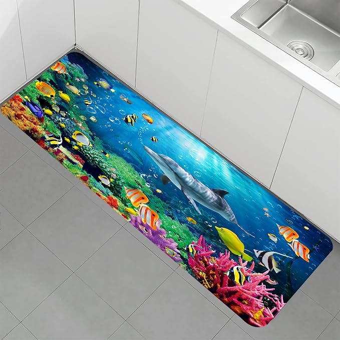 Bath mats in Bathroom and Kitchen Sponge Foam Carpet absorbs Soft (71 x 24 inches), Flange mats in Bedside and Living Room are Non Slip and Bright 3D Printing (Dolphin Underwater World)