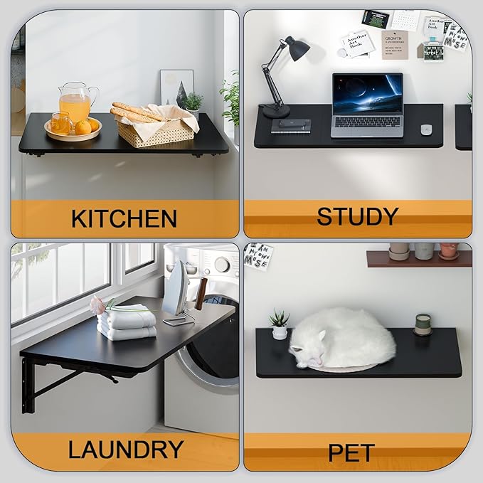 TEAMIX Wall Mounted Desk, Folding Table for Small Spaces, Wall Floating Desk with Heavy Duty Brackets for Laundry Room,Kitchen,Office Storage