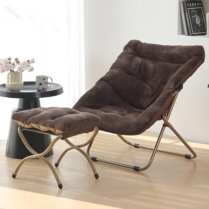 Saucer Chair with Ottoman, Oversized Folding Faux Fur Chair, Foldable Metal Frame Chair for Bedroom, Living Room, Balcony, Patio, Study, Playroom (Coffee)