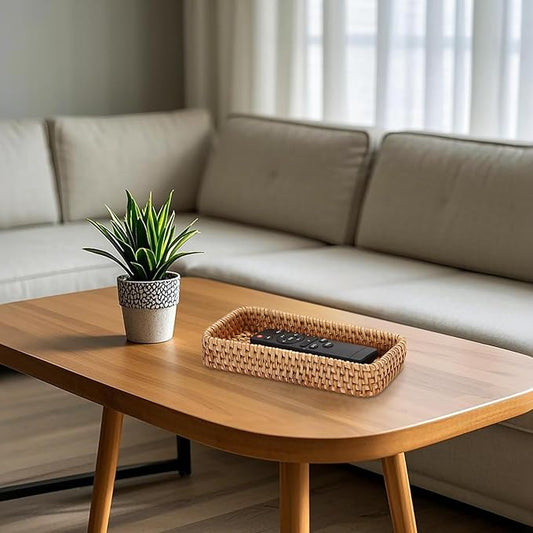 BTSKY Small Remote Basket for Coffee Table Entryway Living Room Rattan Serving Tray 8.3” x 4.7” Handwoven Wicker Baskets Decorative Tray for Wallet Remote Control Trinkets Rings Cosmetics Crackers