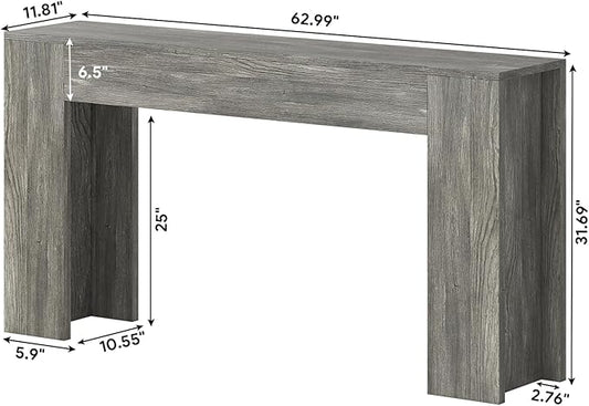63-Inch Long Console Table with LED Light, Farmhouse Sofa Table Behind Couch, Wooden Console Table for Entryway Hallway Entrance Living Room, Gray