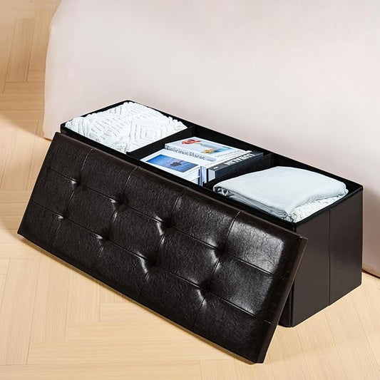 PINPLUS Folding Storage Ottoman Bench, Brown Faux Leather Long Storage Chest Footstool Seat, Bench for Bedroom and Hallway, 43.3"x15.7"x15.7"