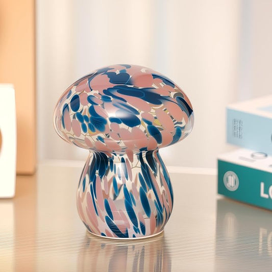Small Glass Mushroom Table Lamp Night Light Bedside Desk Lamp for Bedroom Nightstand Light -Blue