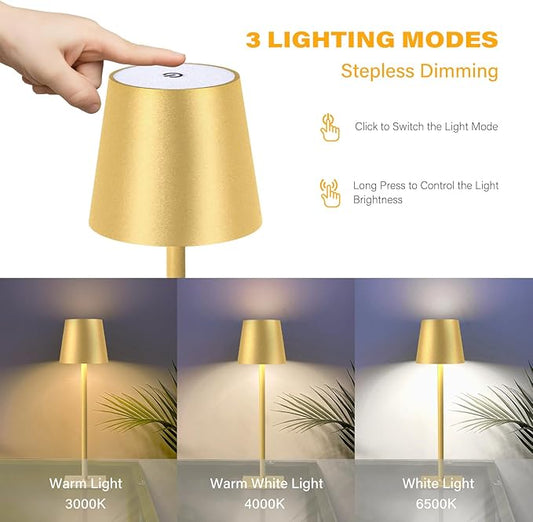 2 Pack Cordless Table Lamps, 3 Colors Stepless Dimming, 5000mAh Rechargeable Battery LED Desk Lamp for Bedroom/Couple Dinner/Desk/Cafe/Dining Room/Terrace