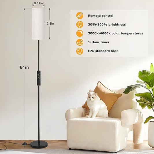 Ambimall 64'' Floor Lamps for Living Room with Remote Control and Stepless Dimmable Colors Temperature & Brightness, 9W Bulb Included(Beige Lampshade & Black Pole)