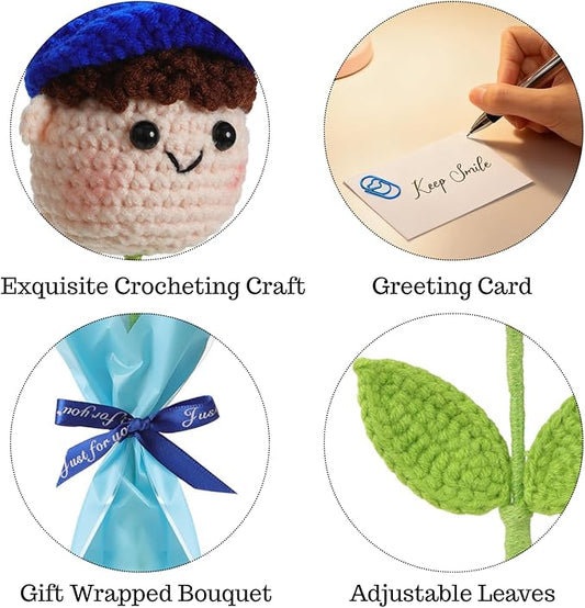 Crochet Handmade Flower Doll Bouquet Gift for Him, DIY Knitted Gifts for Home Office Desk Decor, Gift Ideas for Son Boy Boyfriend