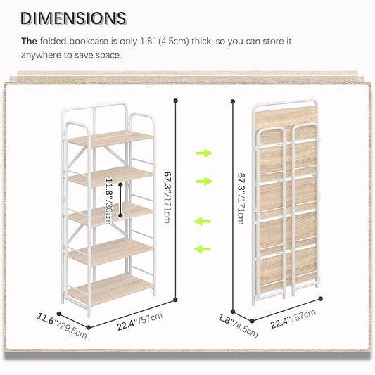 4NM No Assembly Folding Bookshelf, 5 Tiers Collapsible Book Shelves Open Industrial Foldable Storage Bookcase Shelf for Bedroom, Living Room, Home Office - Natural and White