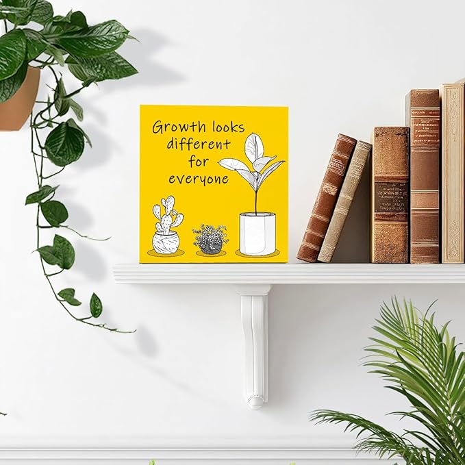 LVQHI Inspirational Wood Block Sign,Growth Looks Different for Everyone Plant Motivational Wooden Block Sign for Home Bedroom Office Desk Table Decor,Inspirational Cheer Up Gift for Coworker,5"x5"