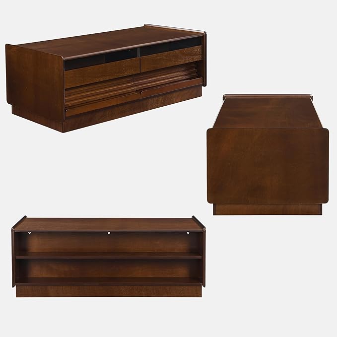 Modern Wooden Coffee Table with 4 Drawers & 2 Open Storage Shelves, 47.2-Inch Rectangular Fluted Accent Tables Center Cocktail Table for Living Room, Brown