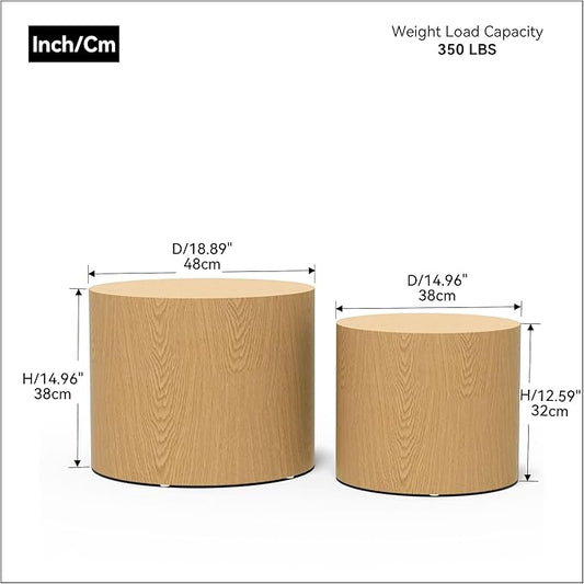 Nesting Coffee Table Set of 2, Modern Round Wooden Circle Accent Coffee Tables for Small Spaces Living Room Bedroom Balcony Office Drum Side Table