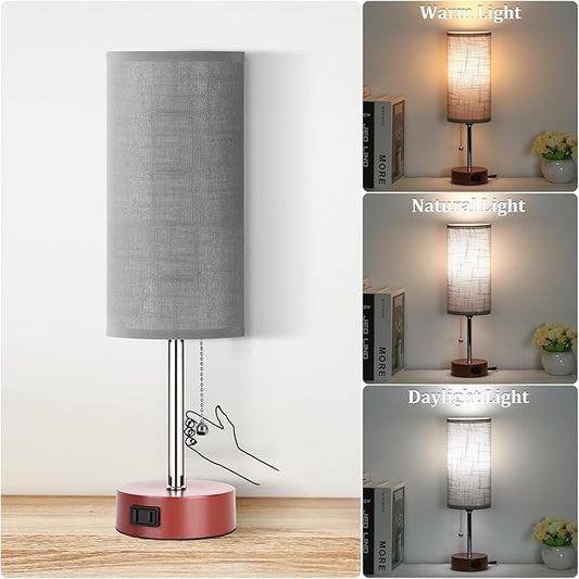 Dott Arts Table Lamp for Bedroom, 3-Color Bedside Lamps with Pull Chain, Bedroom Table Lamps for Nightstand,AC Outlet Small Lamp for Living Room, Bulb Included Grey Striped